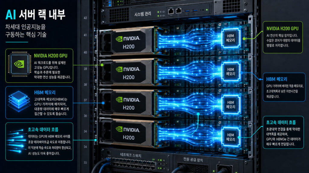 AI 서버 랙 안에 NVIDIA H200 GPU와 HBM 메모리 칩이 빛나는 모습