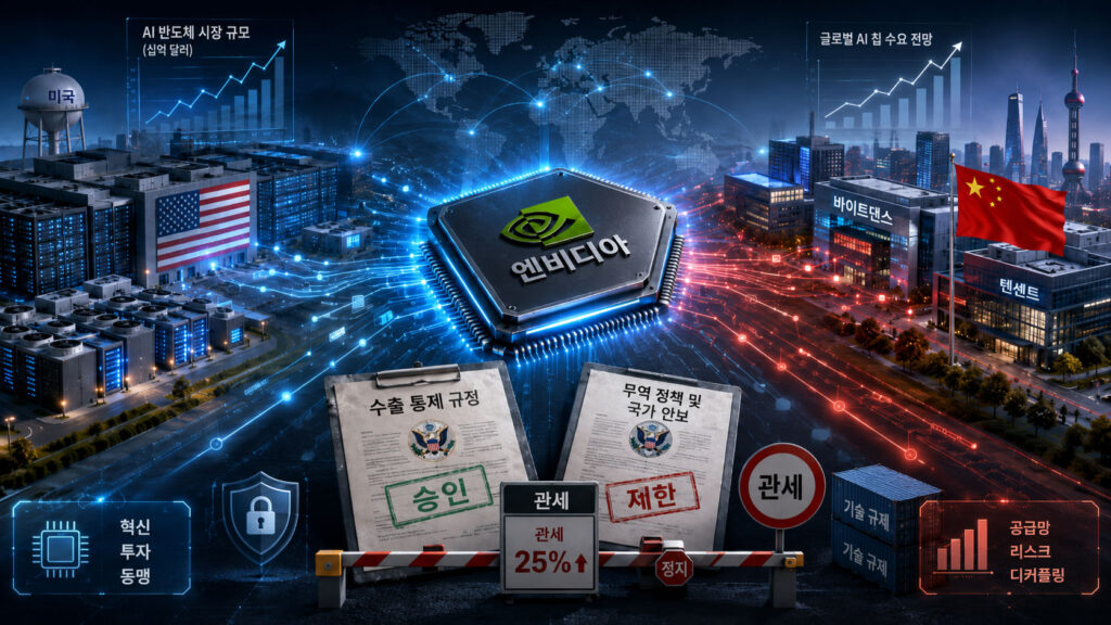 NVIDIA 로고가 새겨진 AI 칩을 중심으로, 한쪽에는 미국 데이터센터, 다른 한쪽에는 중국 빅테크 건물이 연결된 장면.