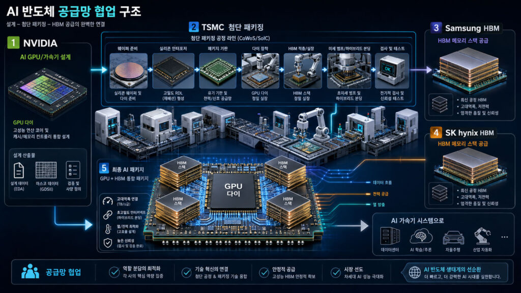 TSMC 첨단 패키징 공정 라인과 HBM 메모리 스택이 결합되는 모습을 보여주는 반도체 공급망 인포그래픽.