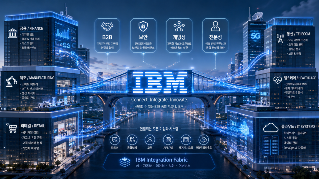 거대한 빅테크 빌딩들 사이에서 IBM이 여러 기업 시스템을 연결하는 교량 역할을 하는 모습, ‘B2B’, ‘보안’, ‘개방성’, ‘전문성’ 키워드가 표시된 비즈니스 일러스트