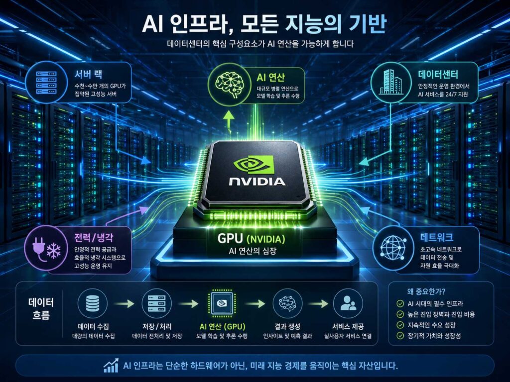 거대한 AI 데이터센터 내부에 수많은 서버 랙이 빛나고 있고, 중앙에는 NVIDIA GPU 칩이 미래적인 빛을 내는 모습. 초보 투자자가 AI 인프라를 쉽게 이해할 수 있는 인포그래픽 스타일