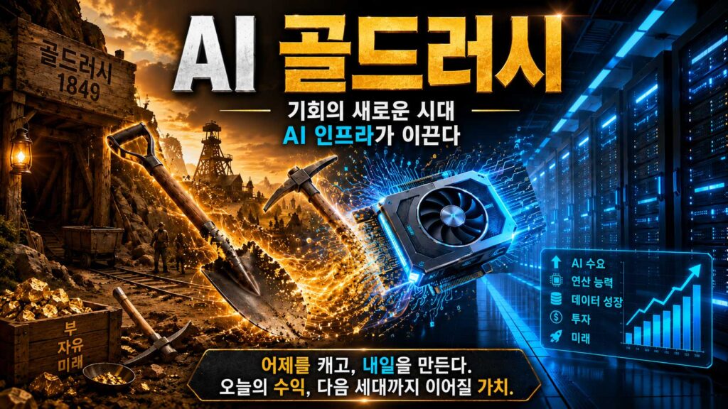 이미지 프롬프트: 골드러시 시대의 삽과 곡괭이가 현대적인 AI GPU 칩으로 변환되는 장면. 왼쪽은 금광, 오른쪽은 AI 데이터센터. ‘AI Gold Rush’ 느낌의 블로그 썸네일 스타일