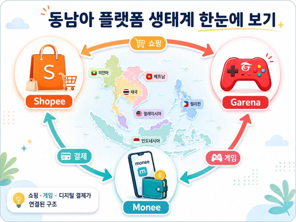 동남아시아 지도 위에 Shopee 쇼핑백, Garena 게임 컨트롤러, Monee 디지털 지갑 아이콘이 원형 화살표로 연결된 인포그래픽