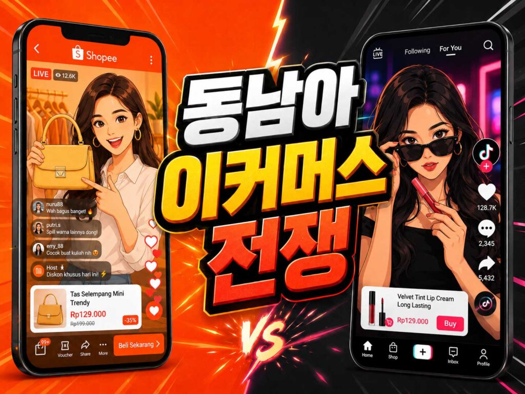 스마트폰 화면 왼쪽에는 Shopee 앱 라이브커머스 화면, 오른쪽에는 TikTok Shop 스타일 숏폼 쇼핑 화면이 나란히 비교되는 장면