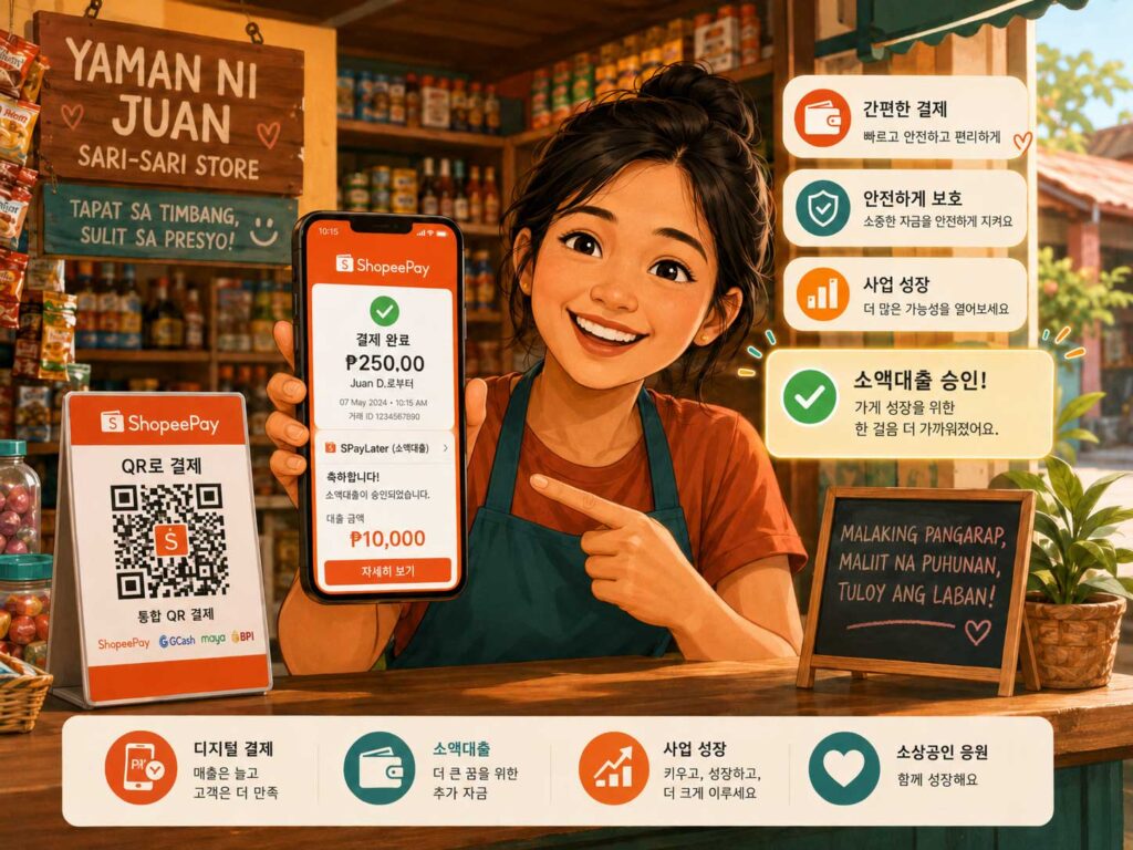 동남아시아 소상공인이 스마트폰으로 ShopeePay 결제와 소액 대출 승인을 받는 장면. 배경에는 작은 가게와 디지털 결제 QR코드가 보이는 따뜻한 일러스트